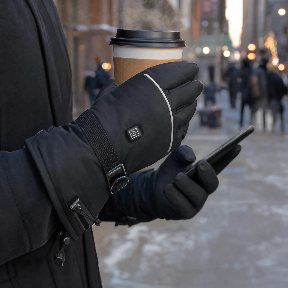 Gloved hand holding a coffee on a cold city street