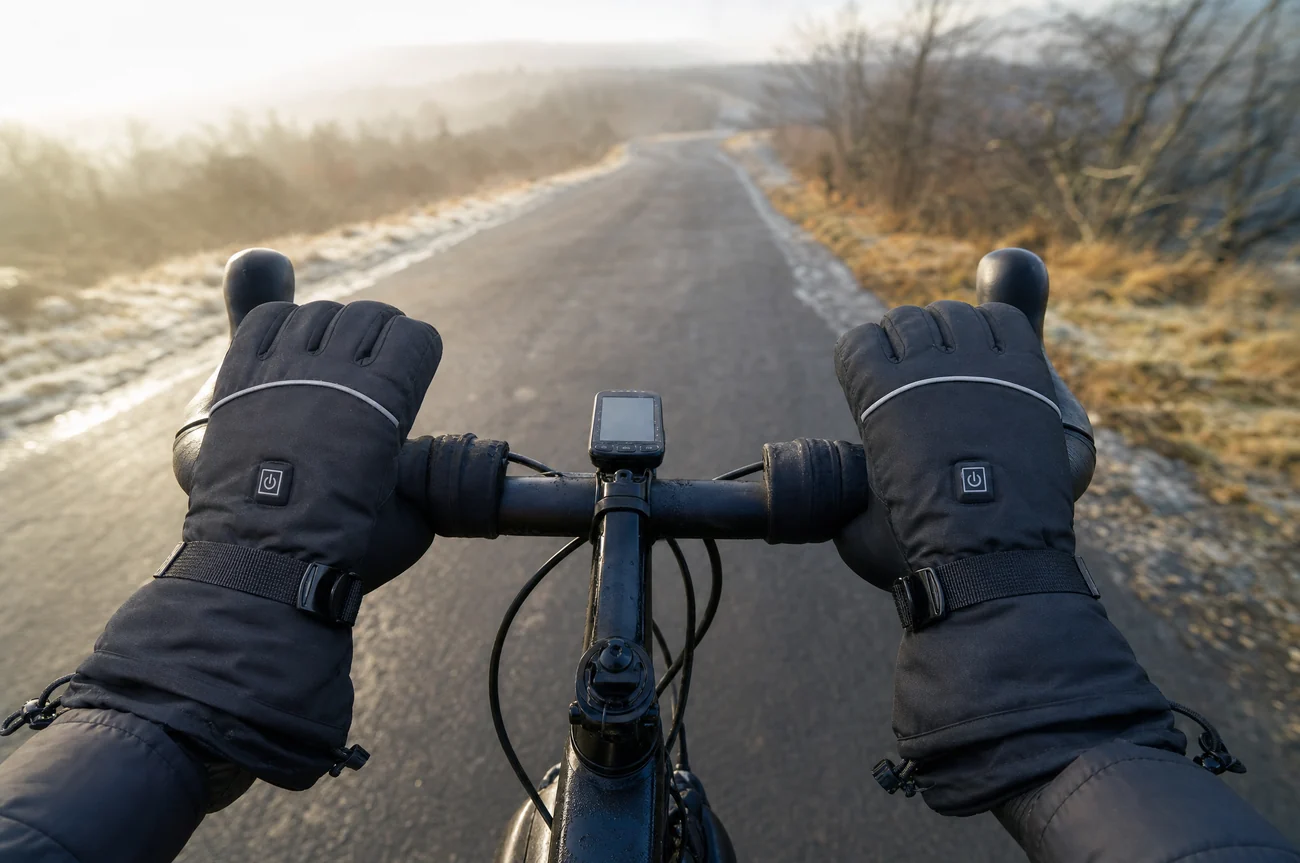 Gloved hands on bicycle handlebars on a cold morning