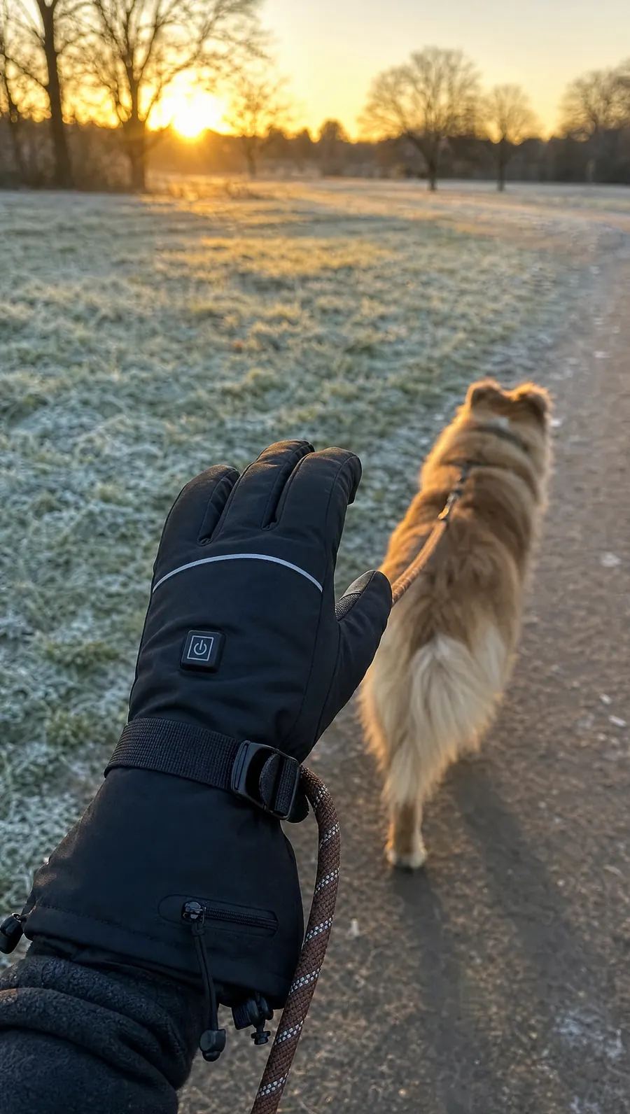 Gloved hand holding a dog lead on a frosty morning walk