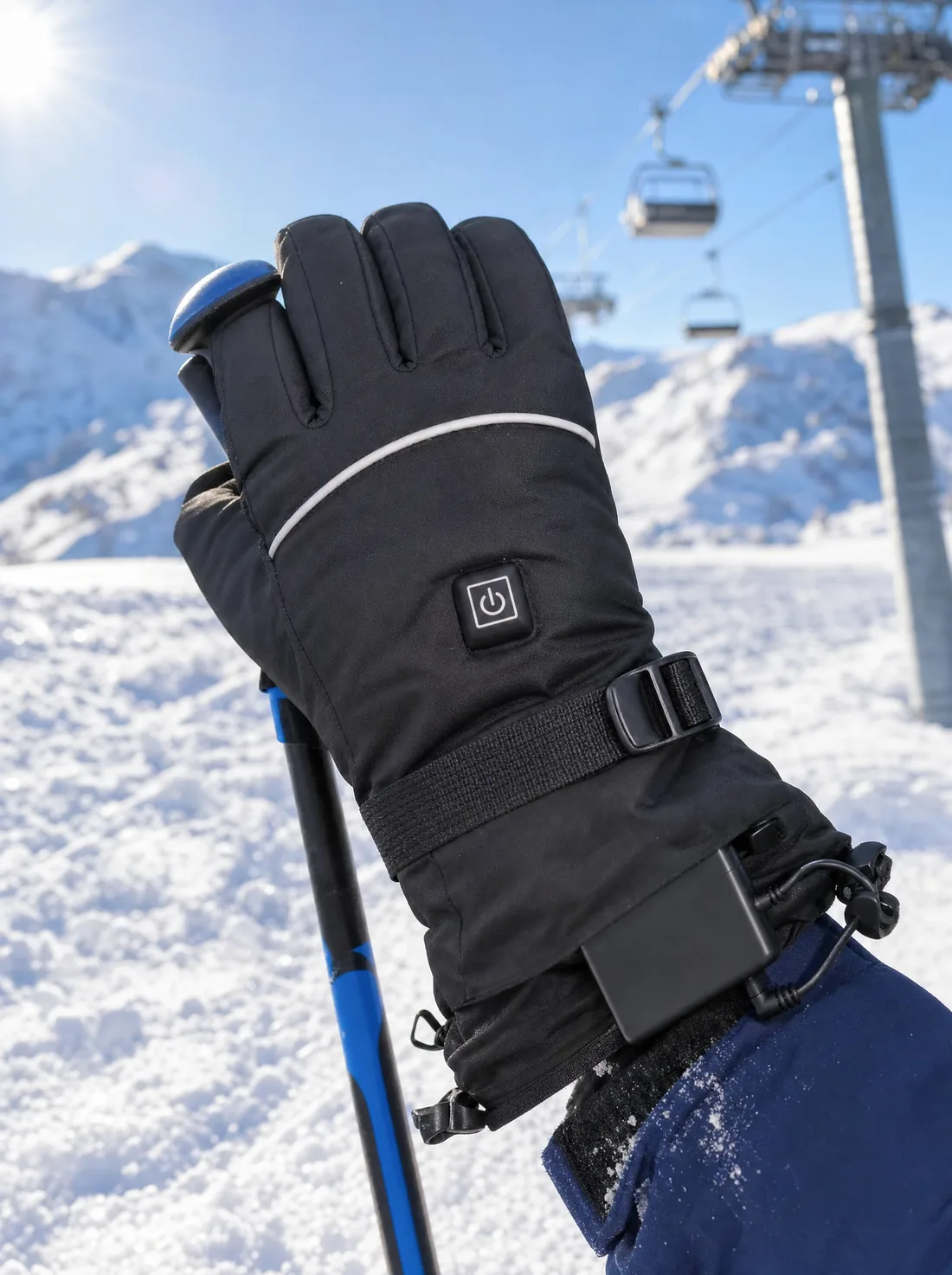 Gloved hand on a ski pole beside a chairlift
